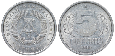 ГДР 5 ПФЕННИГОВ 1983 A КМ 9.2 алюминий 62-453