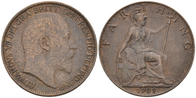 Великобритания 1 фартинг 1909 Эдуард VII (1901-1910), KM 792, Spink 3992 бронза 4588-516