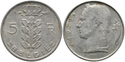 БЕЛЬГИЯ 5 ФРАНКОВ 1969 BELGIE KM 135.1 медно-никель 65-1142