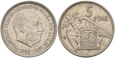 Испания 5 песет 1957 (62) Франсиско Франко (1939 - 1975) KM 786 медно-никель 4155-537