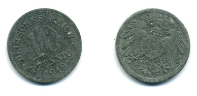 ГЕРМАНИЯ 10 ПФЕННИГОВ 1918 KM 26, J. 299 цинк 54-468