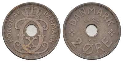Дания 2 эре 1928 N, Кристиан X (1912-1947) KM 827 бронза 4701-655