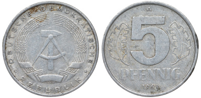 ГДР 5 ПФЕННИГОВ 1968 A KM 9.1 алюминий 62-155