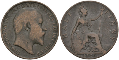 Великобритания 1/2 пенни 1904 Эдуард VII (1901-1910) KM 793.2, Spink 3991 бронза 4143-641