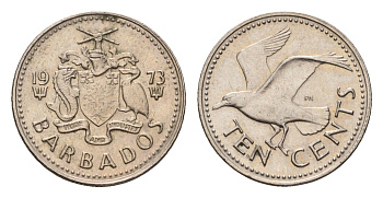 Барбадос 10 центов 1973 смеющаяся (Ацтекская) чайка KM 12 медно-никель UNC 4687-942