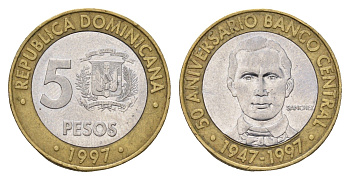 Доминикана (Доминиканская Республика) 5 песо 1997 50 лет Центробанку KM 88 биметалл 4695-1223