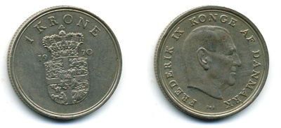 ДАНИЯ 1 КРОНА 1970 C; S, ФРЕДЕРИК IX (1947-1972) KM 851.1 медно-никель 56-537