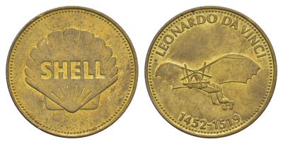 Франция жетон Shell - Человек в полете - Леонардо да Винчи, 1452-1519 1969 диаметр 26 мм, вес 5 гр Kooij RS011.2c сталь плакированная латунью aUNC 4656-321
