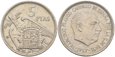 ИСПАНИЯ 5 ПЕСЕТ 1957 (74) ФРАНСИСКО ФРАНКО ДИКТАТОР ИСПАНИИ (1939-1975) KM 786 медно-никель 63-427