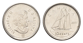 Канада 10 центов 2007 Leaf, Елизавета II (1952-2022), парусник KM 492 сталь плакированная никелем UNC 4689-627