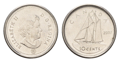 Канада 10 центов 2007 Leaf, Елизавета II (1952-2022), парусник KM 492 сталь плакированная никелем UNC 4689-627