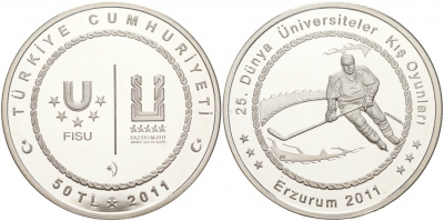 Турция 50 лир 2011 XXV зимняя Универсиада в Эрзурум 2011 года, хоккей KM NEW серебро PROOF 11-037-13