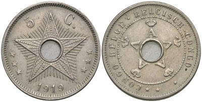 Бельгийское Конго 5 сантимов 1919 звезда KM 17 медно-никель 4549-1129