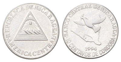 Никарагуа 10 сентаво 1994 голубь мира, редкий KM 81 хромированная сталь UNC 4625-219
