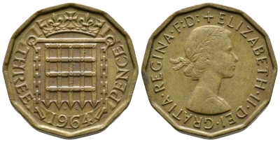 Великобритания 3 пенса 1964 Елизавета II (1952-2022) KM 900, Spink 4153 никель латунь 3999-1221