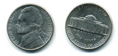 США 5 ЦЕНТОВ 1996 ДЖЕФФЕРСОН KM A192 медно-никель 4364-342