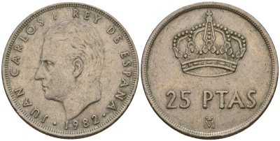 Испания 25 песет 1982 Хуан Карлос I (1975-2014) KM 824 медно-никель 181-1115