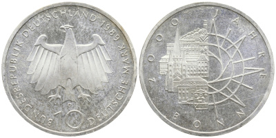 ФРГ 10 марок 1989 D, 2000 лет городу Бонну J. 447, KM 172 серебро UNC 443-422