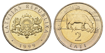 Латвия 2 лата 1999 корова KM 38 биметалл UNC 4652-951