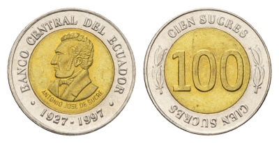 Эквадор 100 сукре 1997 70 лет Центробанку KM 101 биметалл UNC 4697-437