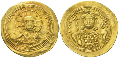 Византийская Империя гистамен номисма 1042-1055 Константин IX Мономах, образ Христа Пантократора/бюст императора анфас, Константинополь, 3,97 гр Sear 1830 золото 00-00