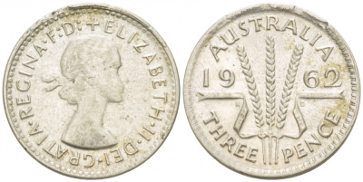 Австралия 3 пенса 1962 m, Елизавета II (1952-2022) KM 57 серебро 3955-447