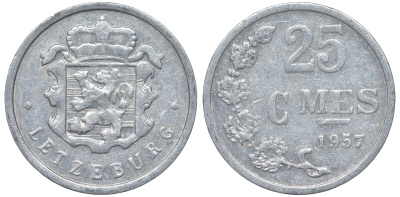 Люксембург 25 сантимов 1957 Шарлотта (1918-1964) KM 45a.1 алюминий 4532-962