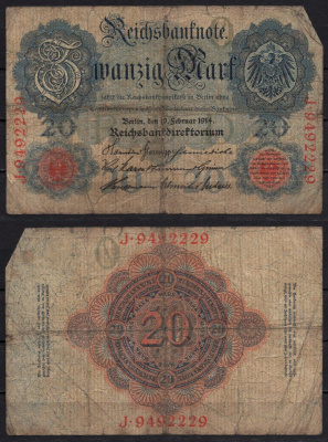 Германия 20 марок 1914 Pick 46b бумага 8592-23-3-1