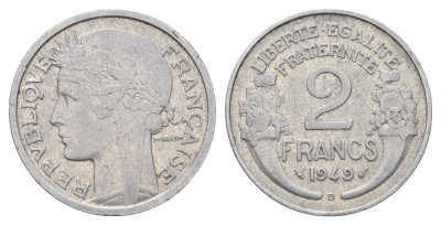 Франция 2 франка 1949 KM 886a.1, Le Frank 369.14 алюминий 3856-432