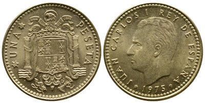 Испания 1 песета 1975 (80) Хуан Карлос I (1975-2014) KM 806 алюминиевая бронза 4110-1432